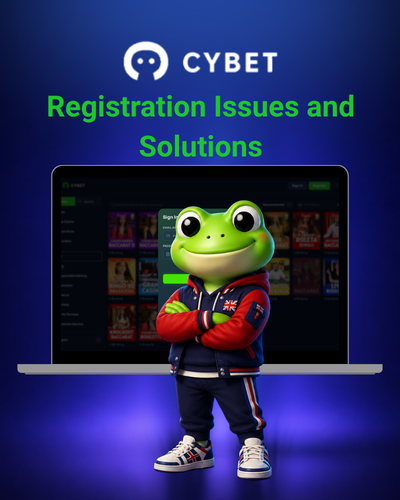 Cybet registration screen on a laptop with a frog mascot in front of the platform interface.