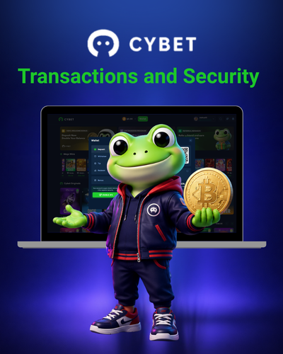 Cybet transactions and account security illustrated with an astronaut mascot holding crypto coins.