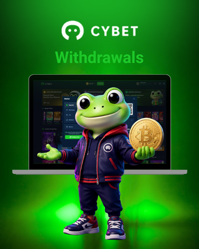 Cybet withdrawal options displayed on a laptop screen with the frog mascot holding a crypto coin