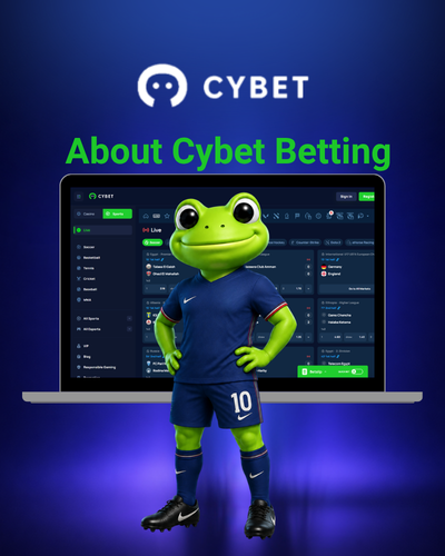 About casino Cybet betting shown with the frog mascot in a football uniform standing in front of the sportsbook interface.