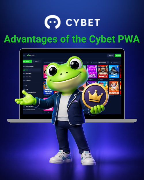 Advantages of the casino Cybet PWA shown on a laptop screen with the frog mascot holding a reward coin.