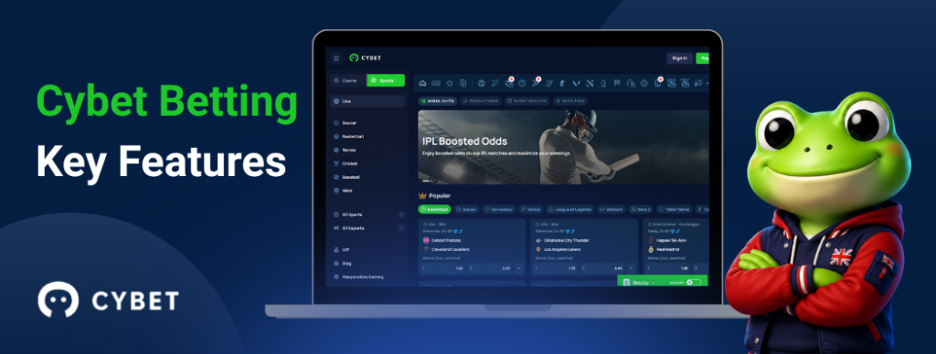 Cybet betting platform key features displayed on a laptop screen with the frog mascot beside it.