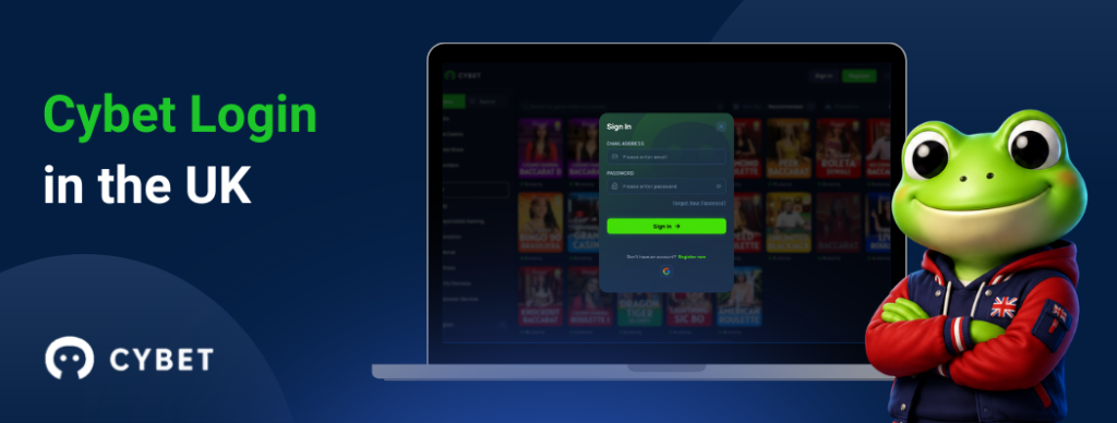 Cybet login page for UK players displayed on a laptop screen with the frog mascot beside it.