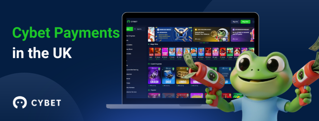 Cybet payment methods in the UK displayed on a laptop screen with the frog mascot holding crypto launchers.