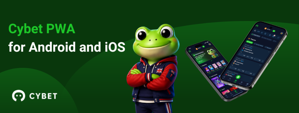 Cybet PWA app for Android and iOS displayed with the frog mascot and mobile interface.