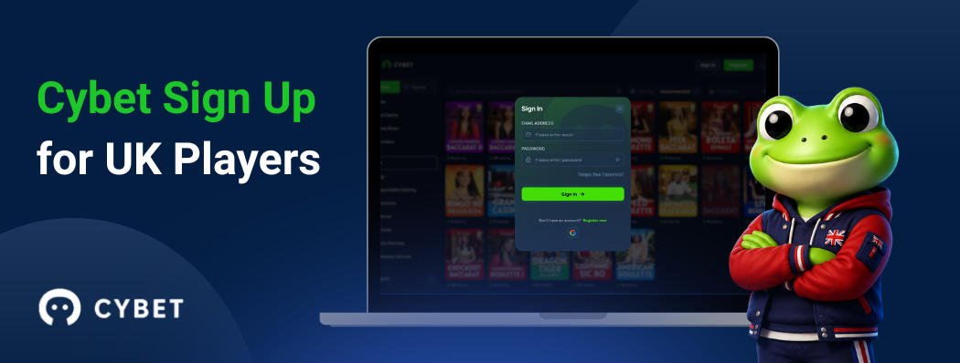 Crypto casino Cybet sign up page for UK players displayed on a laptop screen with the frog mascot beside it.