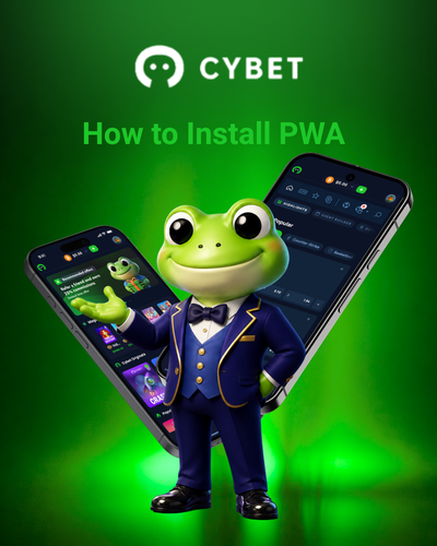 How to install the Cybet PWA on Android and iOS with the frog mascot standing between mobile screens.
