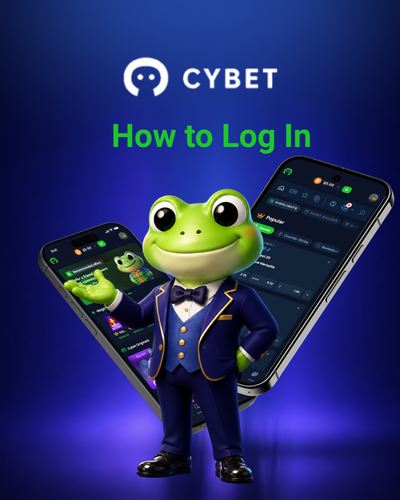 How to log in to Cybet shown with mobile app screens and the frog mascot in front.