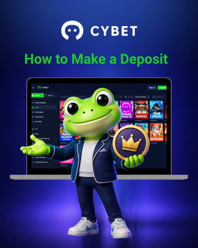 How to make a deposit on Cybet shown with the frog mascot standing in front of the platform interface.