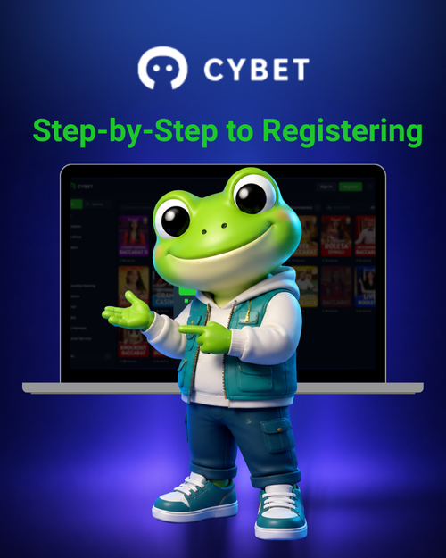 Step by step Cybet registration guide with the frog mascot standing in front of a laptop.