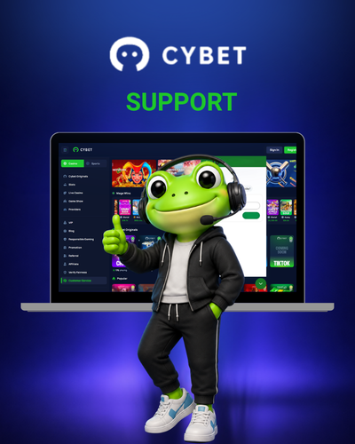 Cybet support page displayed on a laptop with the headset mascot ready to assist users.
