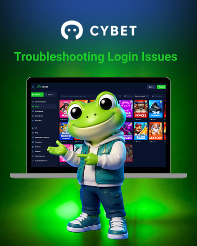 Cybet troubleshooting guide for login issues displayed with the frog mascot in front of a laptop.