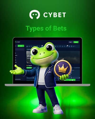 Types of bets available on Cybet displayed on a laptop screen with the frog mascot holding a reward coin.